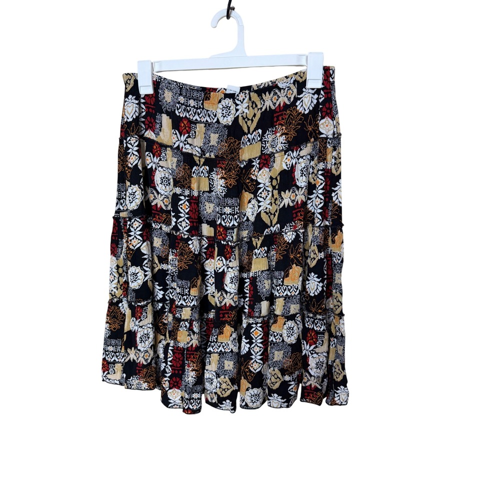 Sag Harbor Petite Womens 14P Tiered Midi Skirt Black Red Patchwork Boho